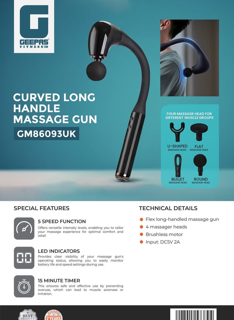 GEEPAS Curved Long Handle Massage Gun| 5-Speed Function, LED Indicator, 15 Minutes Timer| Includes U-Shaped, Flat, Bullet and Round Heads| Relieves Muscle Soreness and Stiffness, Massager for Shoulder, Back, Full Body Relaxation|  2 Years Warranty GM86093UK Black - Image 4